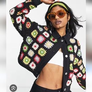 Bershka Crochet Granny Square Black Denim Crop Jacket Women's L  $119